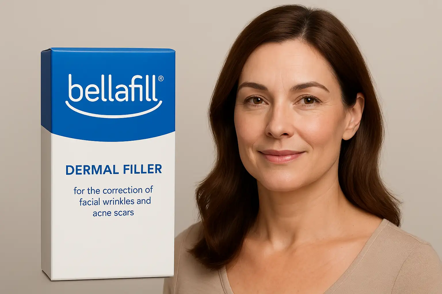 Bellafill dermal filler product box beside a model with smooth, natural facial appearance.