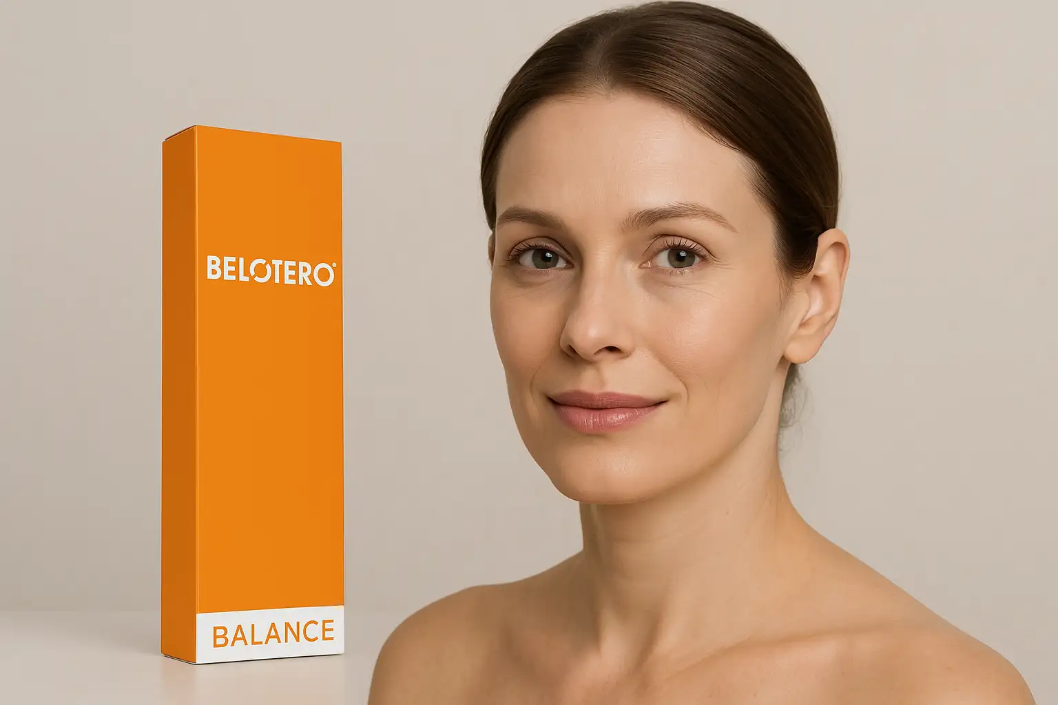Belotero Balance dermal filler product box beside a model with smooth, natural facial appearance.