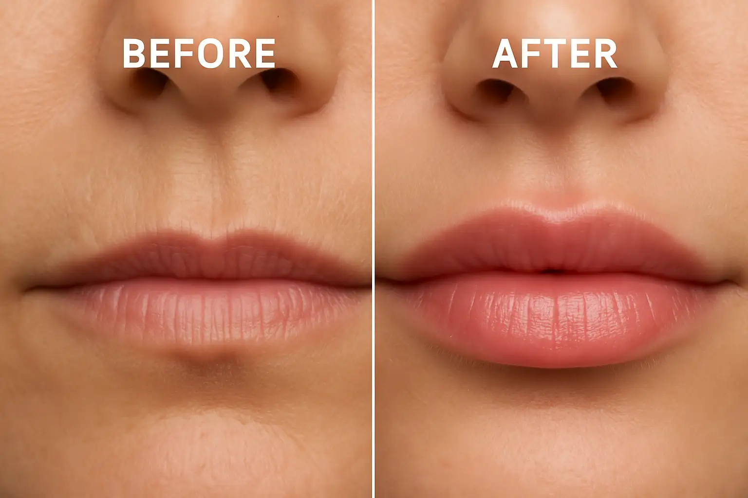 “Close-up before and after of lips treated with JUVÉDERM lip filler showing natural volume enhancement and smoother texture.”