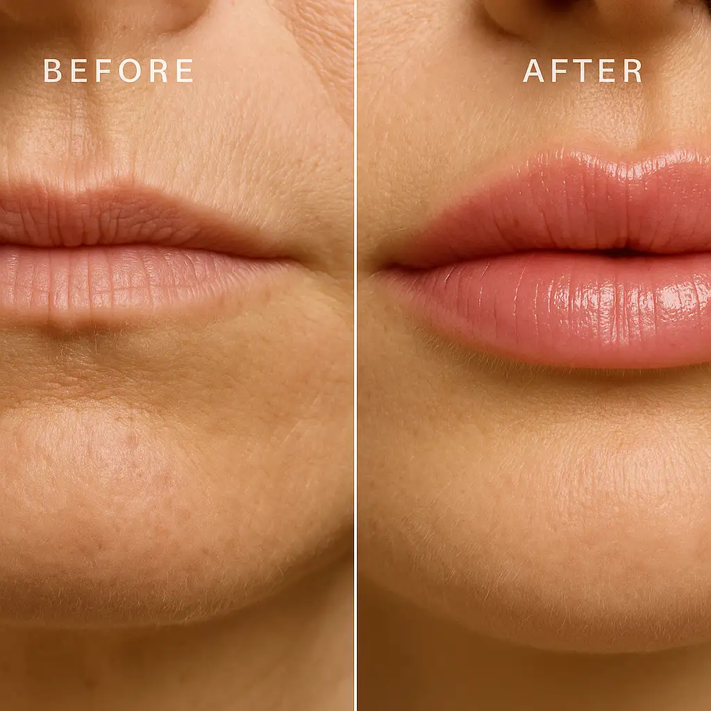 Before and after JUVÉDERM Ultra XC lip enhancement showing improved lip volume and smoother perioral lines.