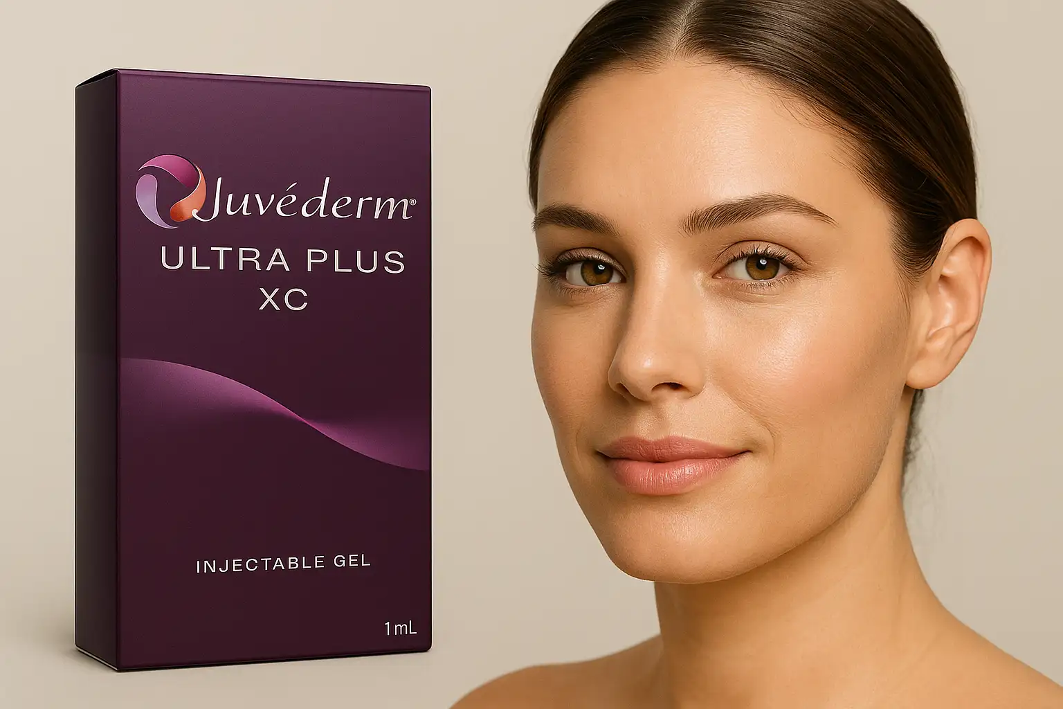 JUVÉDERM Ultra Plus XC product box shown beside a model with smooth, natural-looking facial volume