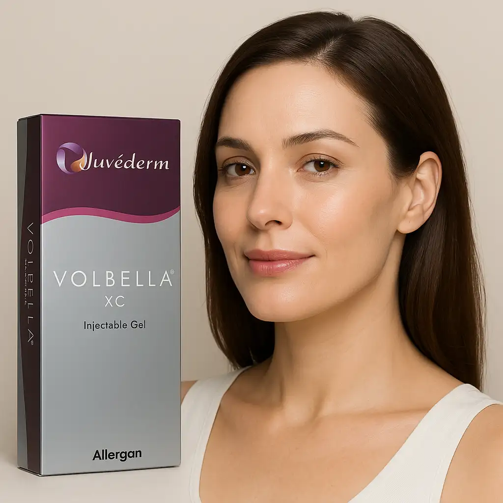 UVÉDERM VOLBELLA XC product box beside a model with smooth, natural lip and under-eye definition.