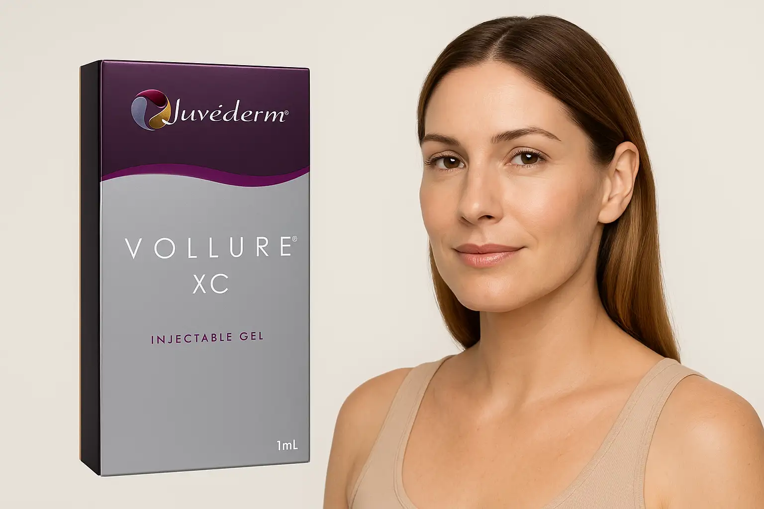 JUVÉDERM VOLLURE XC product box beside a model with smooth, natural facial contours.