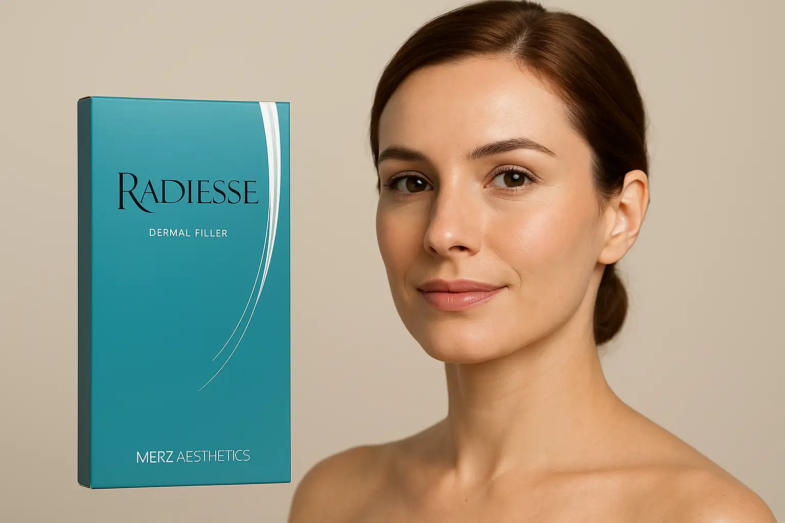 Radiesse dermal filler product box beside a model with smooth, natural facial contours.