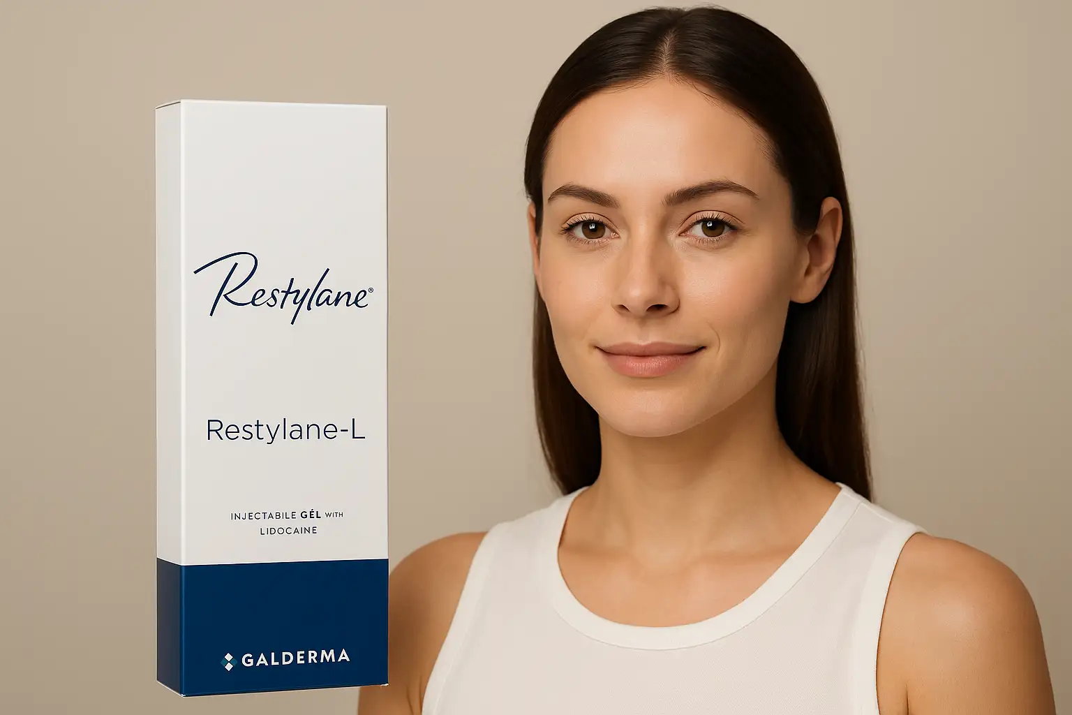 Restylane-L dermal filler product box beside a model with smooth, natural facial features.