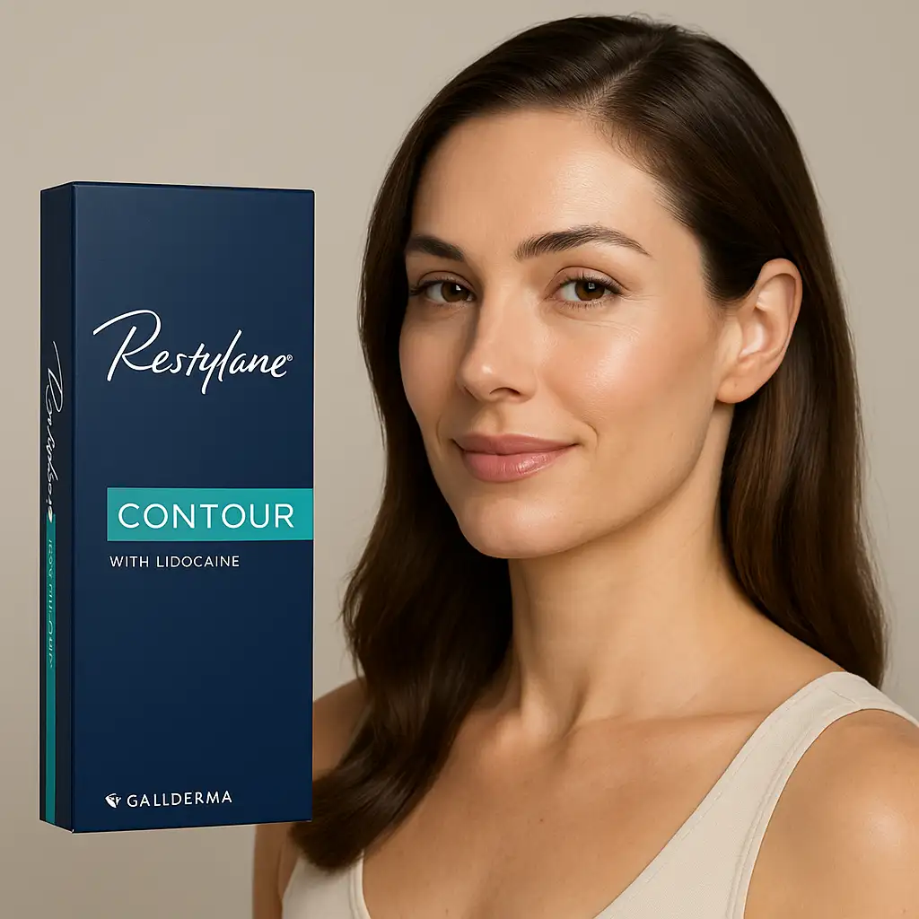 Restylane Contour dermal filler product box beside a model with lifted, natural cheek contour.