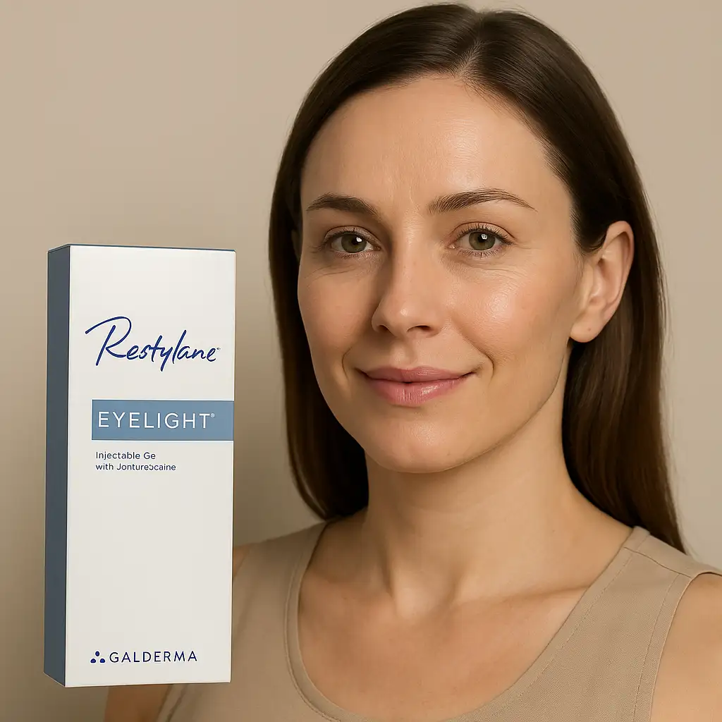 Restylane Eyelight dermal filler product box beside a model with refreshed, naturally bright under-eye appearance.