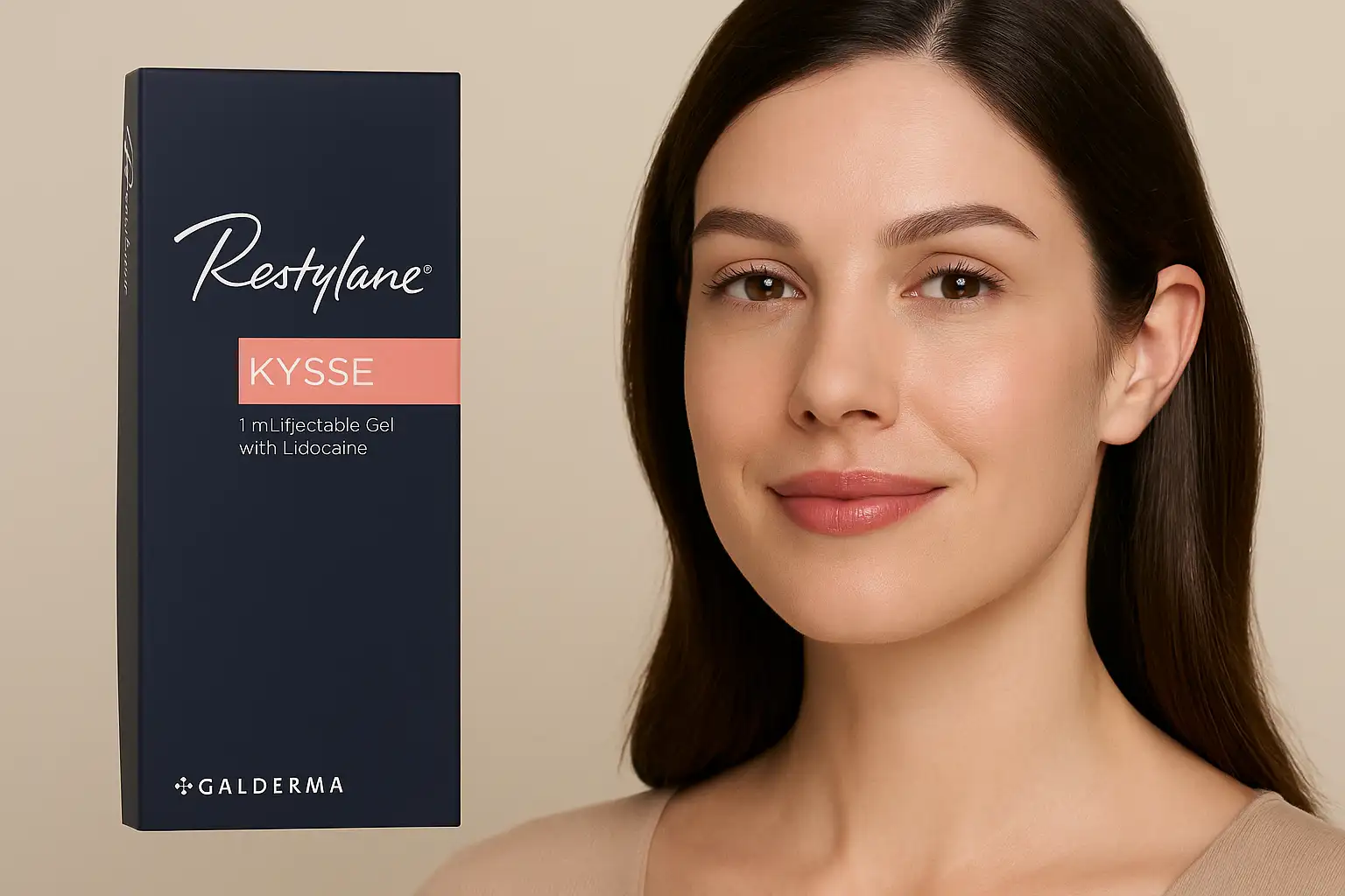 Restylane Kysse lip filler product box beside a model with naturally enhanced lips.