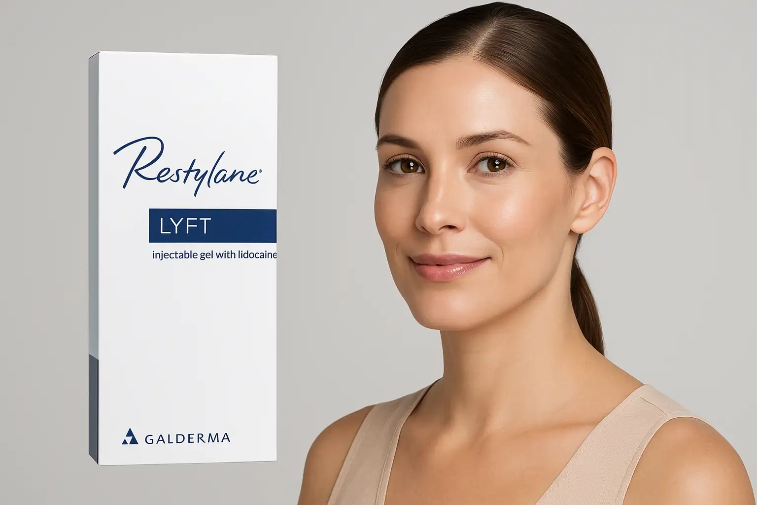 Restylane Lyft dermal filler product box beside a model with lifted, natural cheek and midface contours.