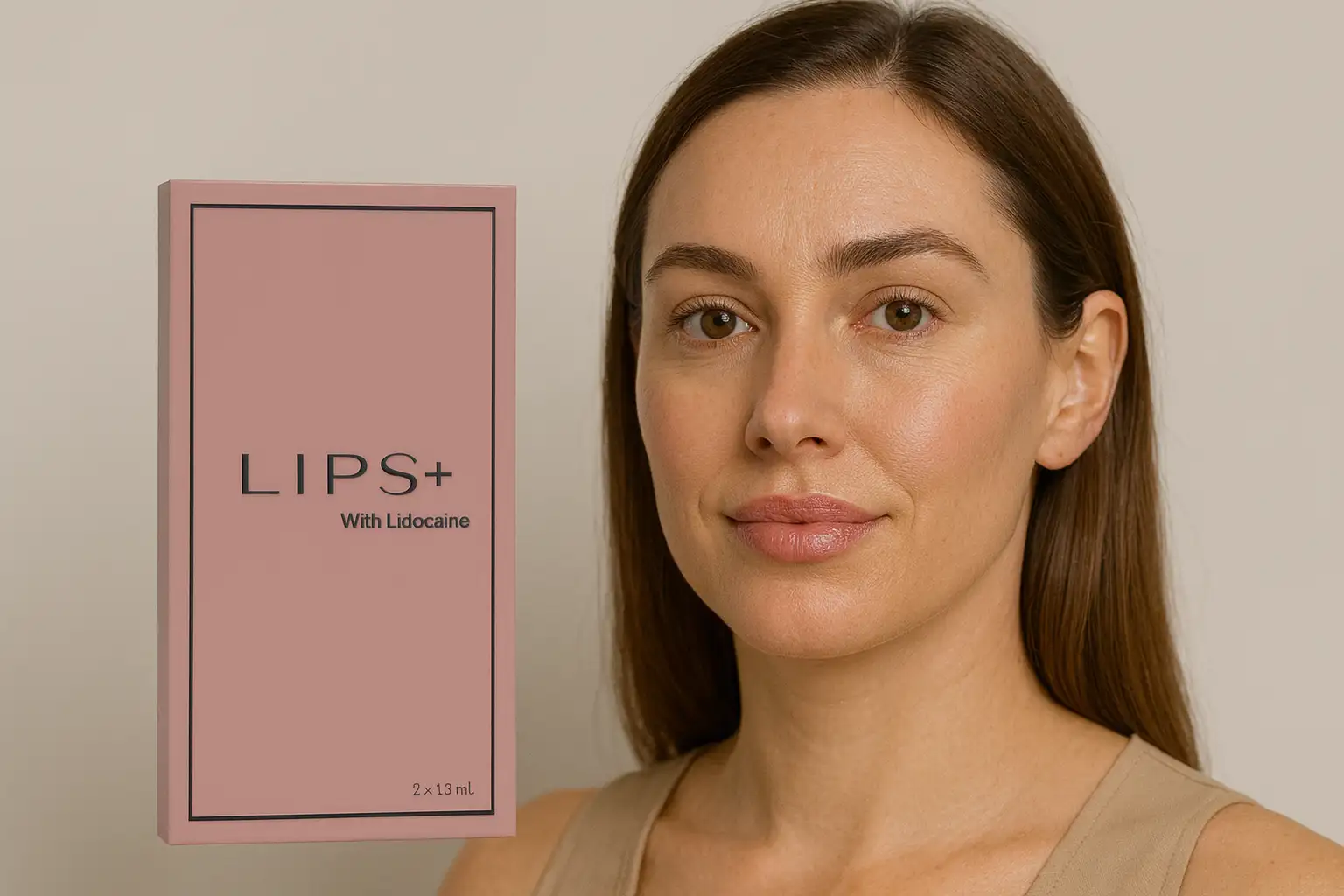 Revanesse LIPS+ box beside a model with naturally enhanced lips, showing the soft pink packaging design.