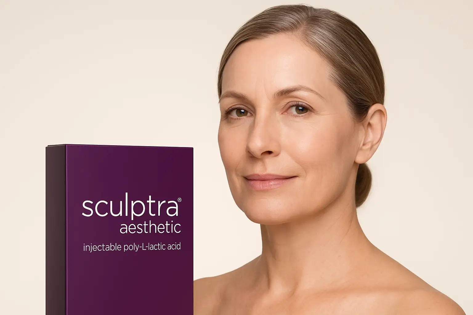 Sculptra Aesthetic product box beside a middle-aged model with smooth, natural facial contours.