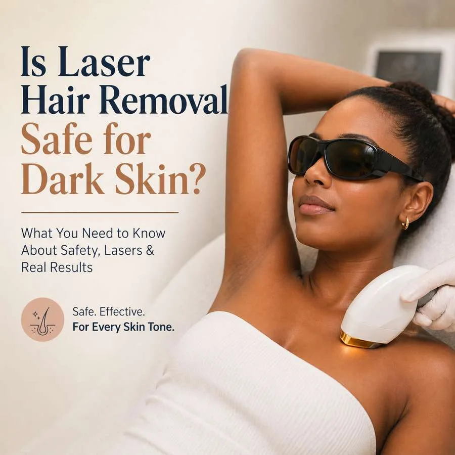 Laser hair removal treatment on darker skin tone using advanced laser device, demonstrating safe hair reduction for melanin-rich skin
