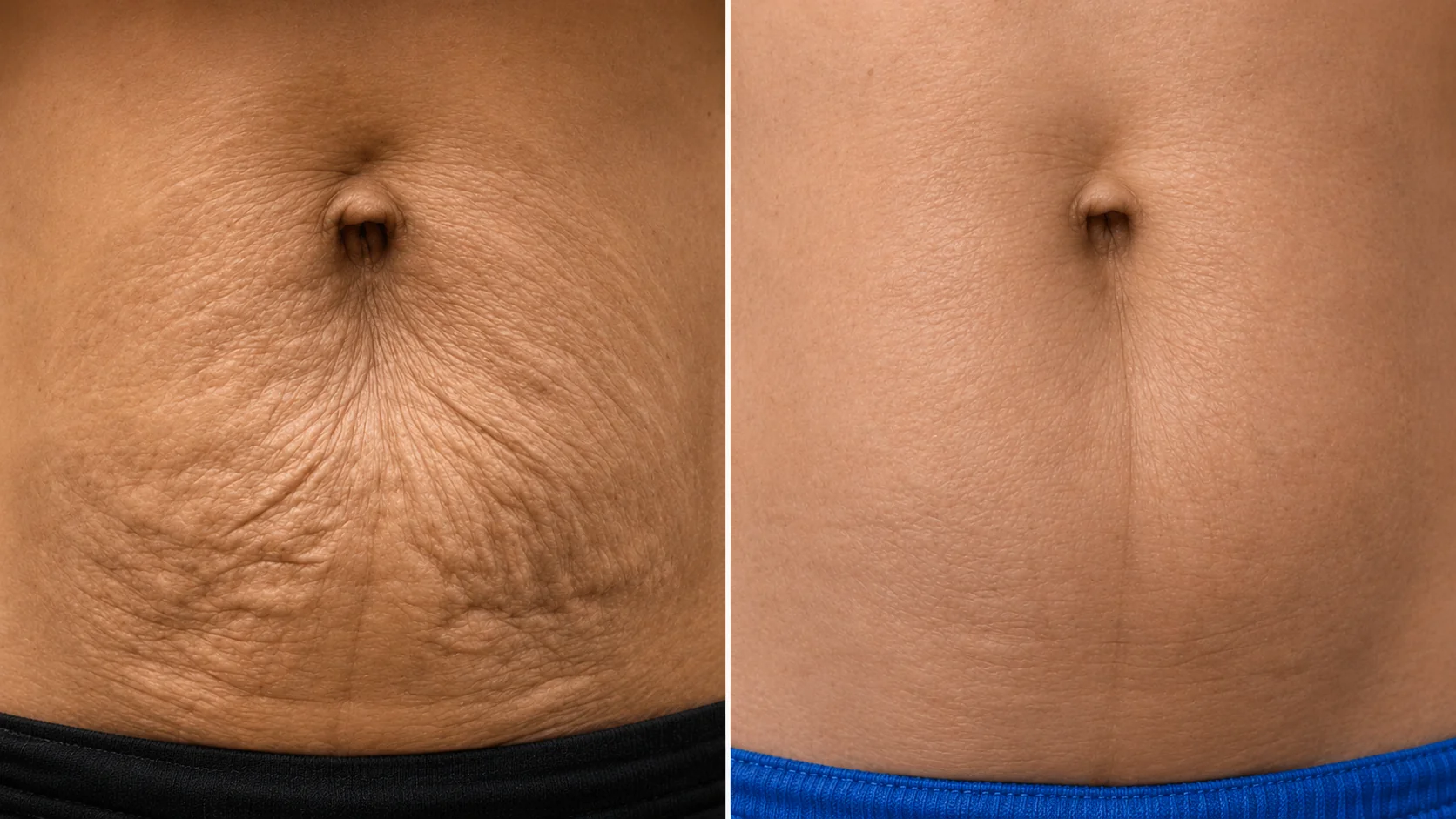 Before and after early red stretch marks abdomen