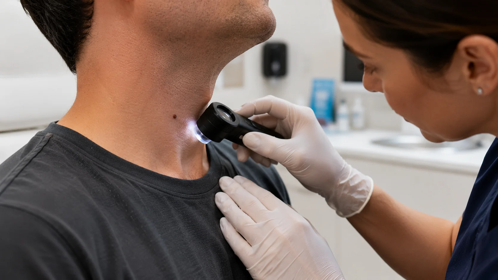 Dermatoscope examination of neck mole at Skin Works Medical Spa Torrance