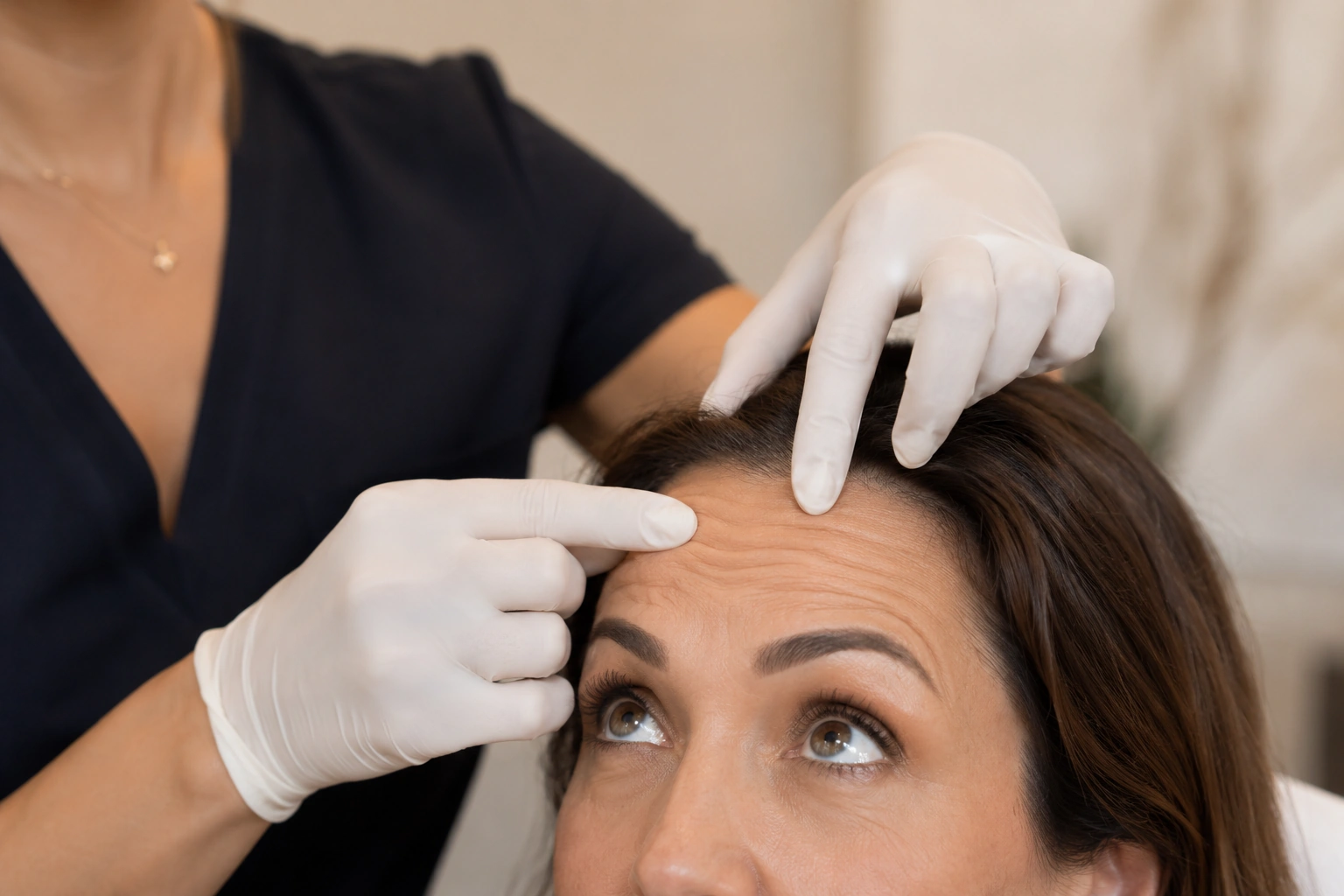 Provider assessing forehead muscle movement before a Botox treatment plan is finalized