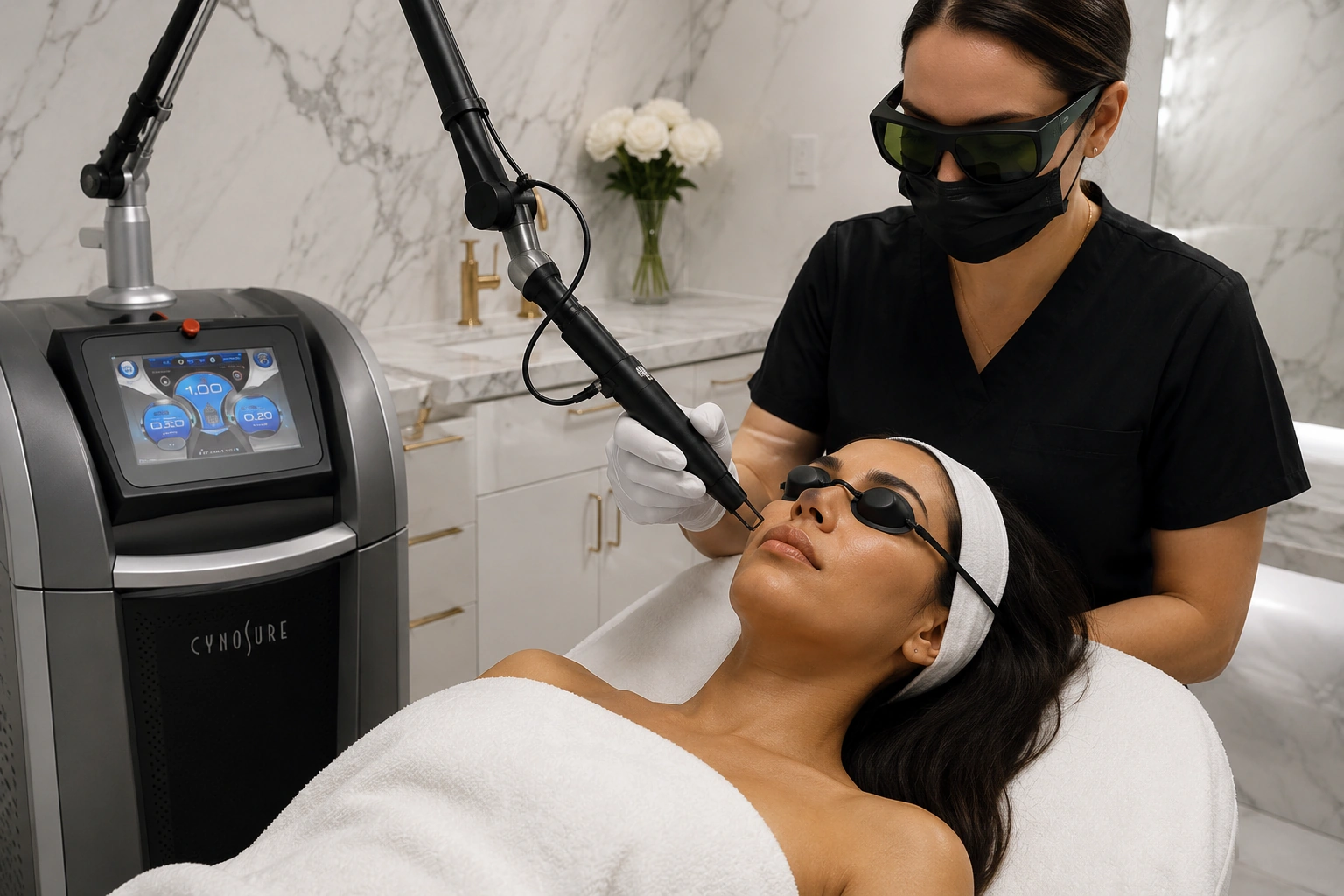 Picosecond laser handpiece treating pigmentation on the cheek
