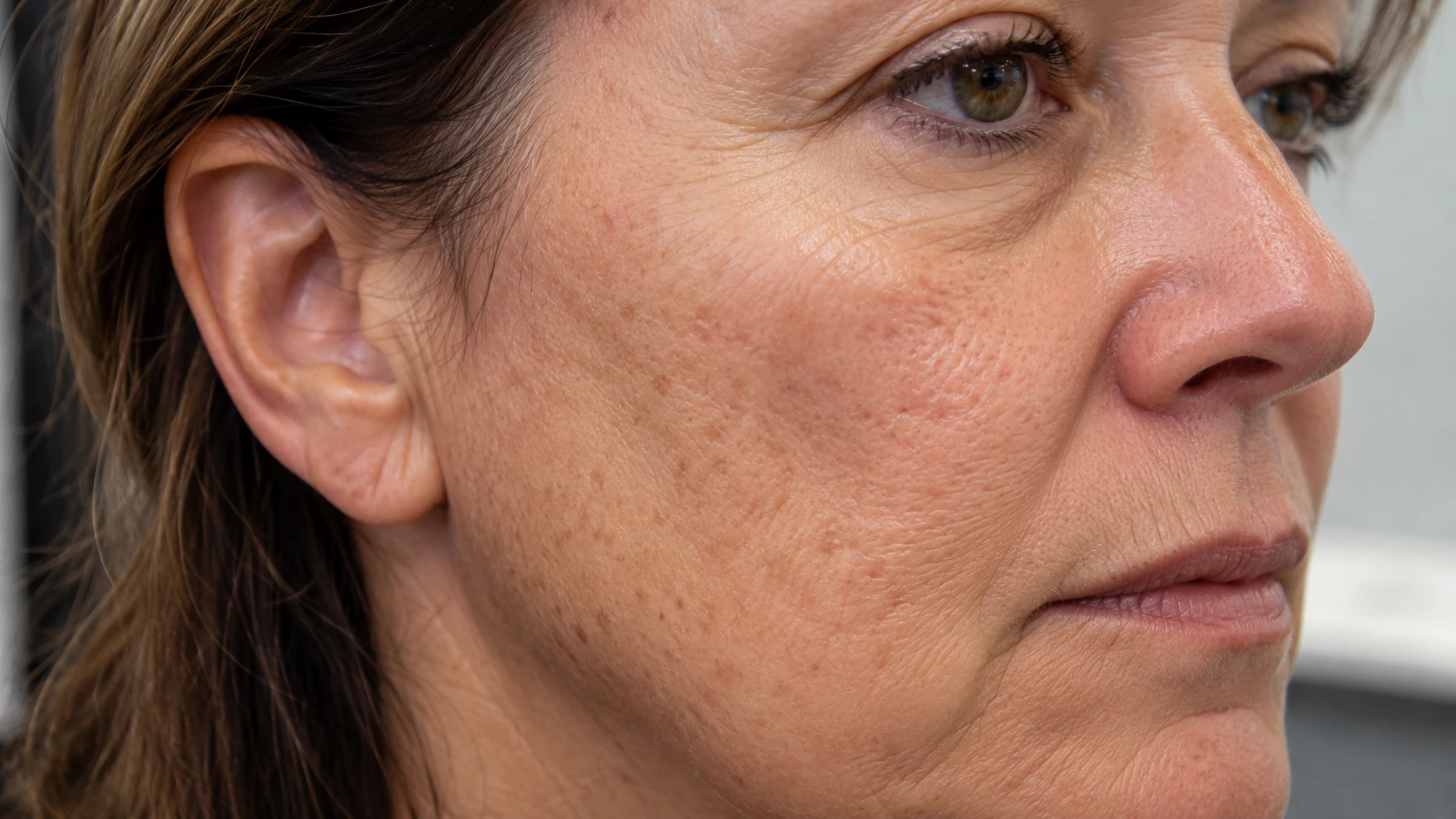Close-up of mature skin showing acne scarring, fine lines, and sun damage that fractional CO2 laser resurfacing can address