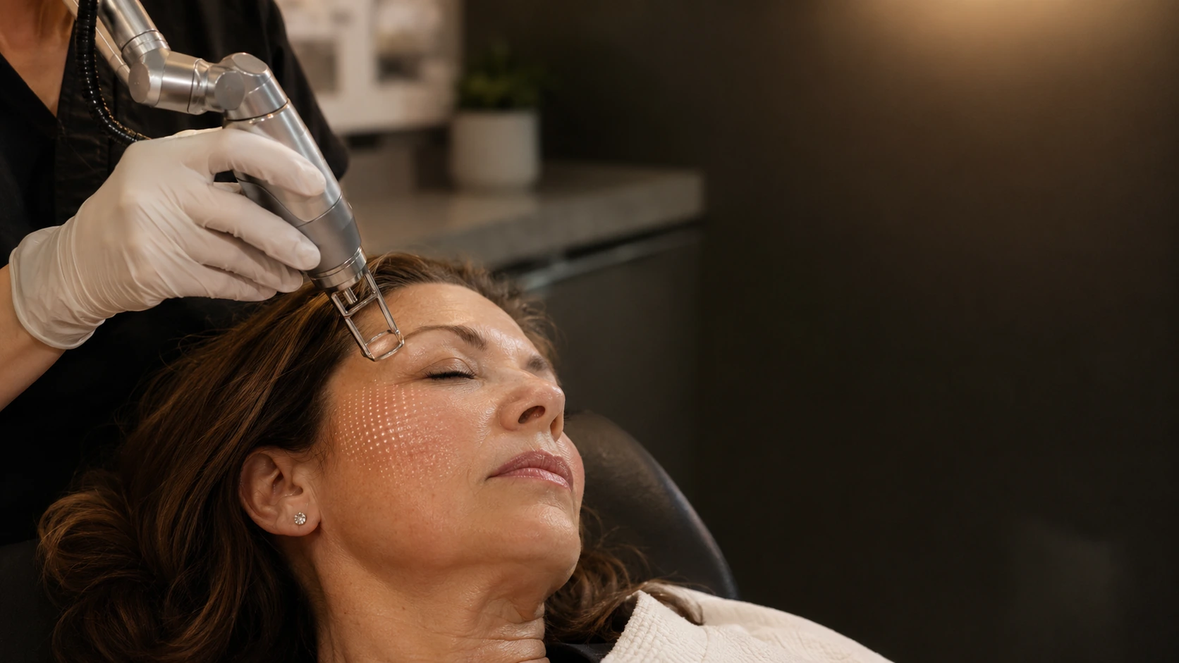 Provider performing a fractional CO2 laser resurfacing treatment on a patient's face at Skin Works Medical Spa in Torrance