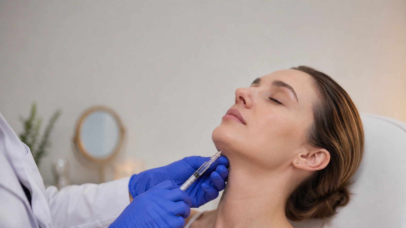 Clinician administering a Kybella injection under a patient's chin at a medical spa