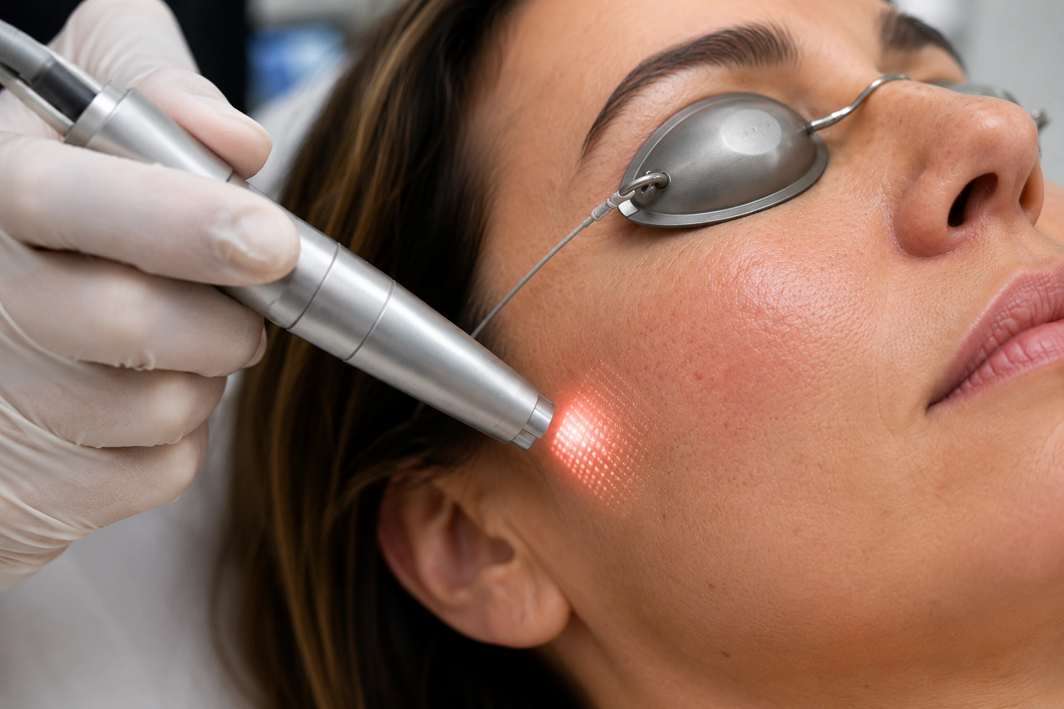 Close-up of Erbium laser treatment being applied to skin, showing visible treatment effect