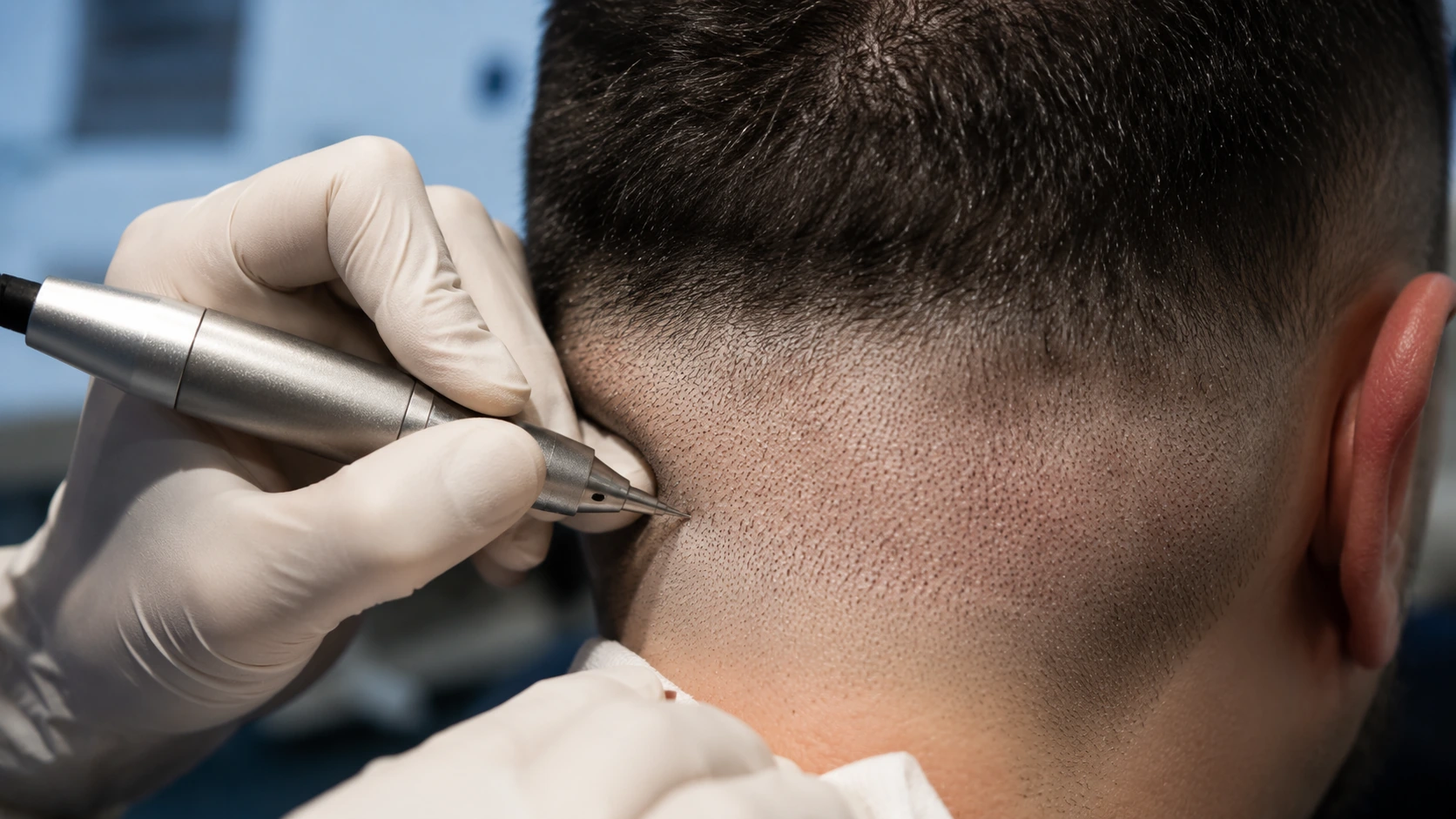 Close-up of FUE donor area follicle extraction using a small punch tool