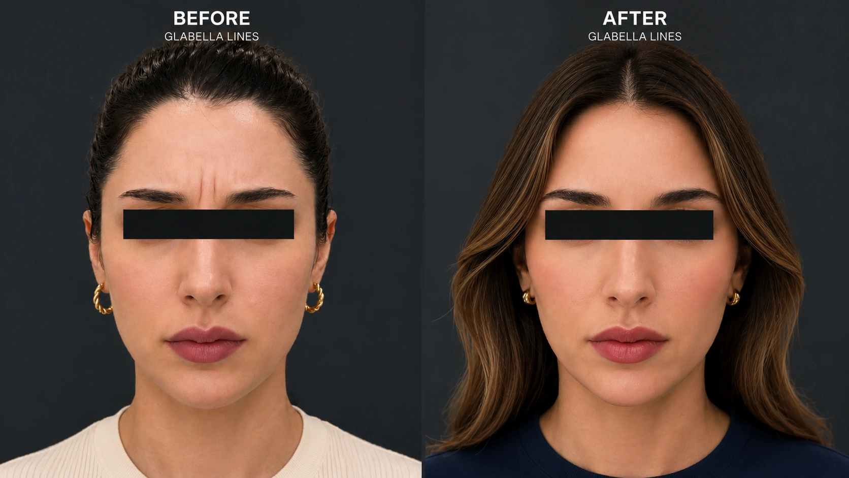 Female patient glabella frown line reduction before and after Botox treatment