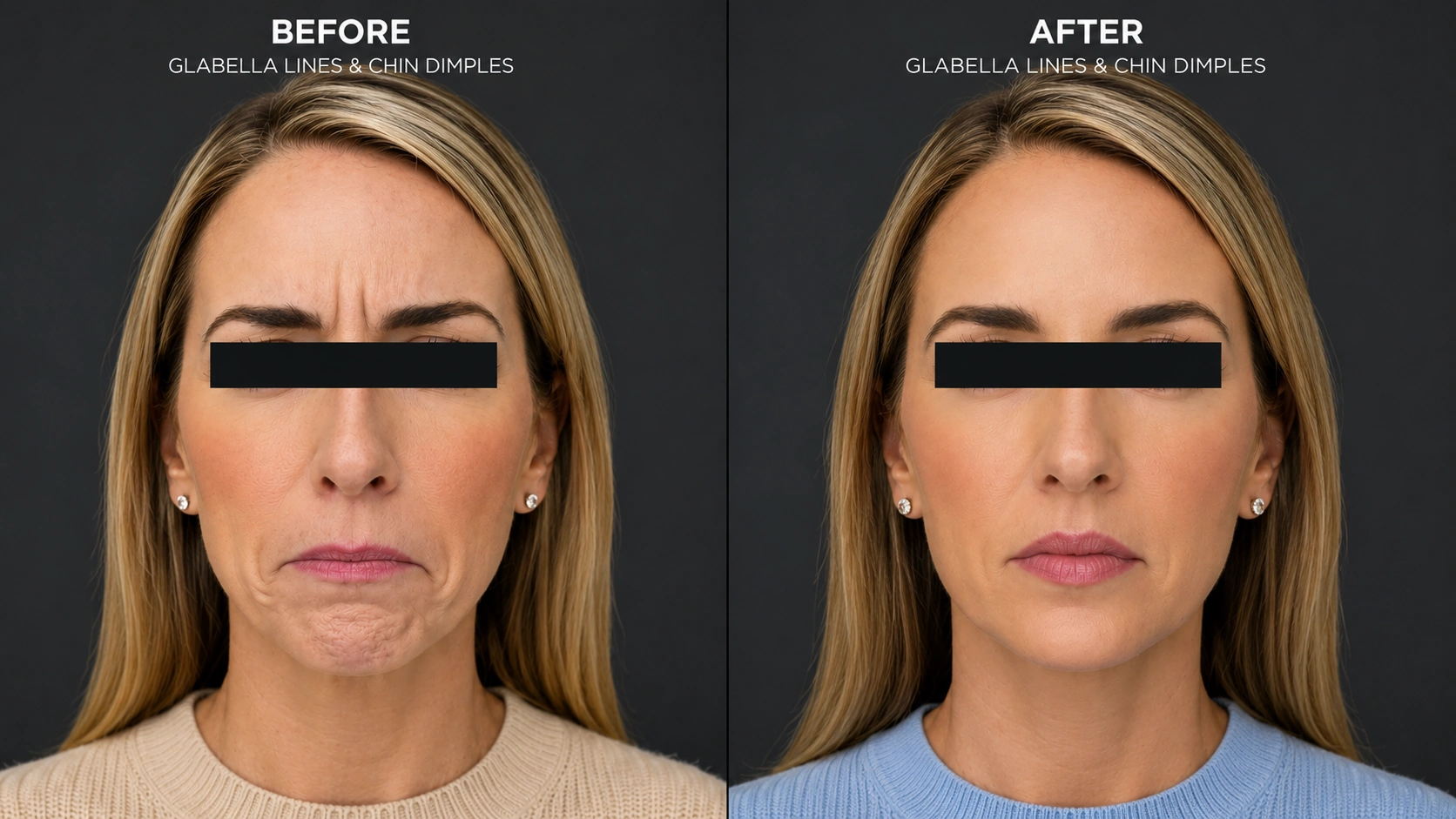 Frown line and chin dimpling reduction before and after Botox treatment