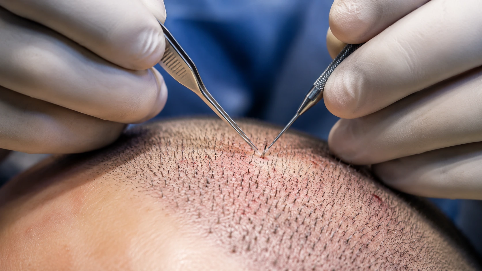 Close-up of individual graft placement during FUE hair transplant