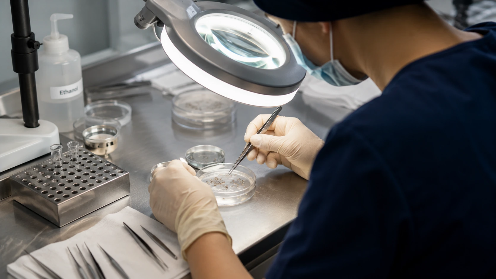 Grafts being sorted and prepared under magnification at a clinical workstation