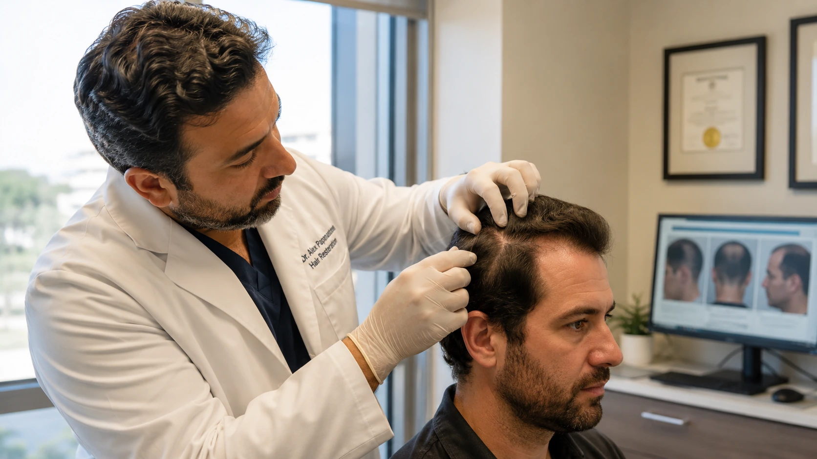 Surgeon examining a patient's hairline during an FUE hair transplant consultation