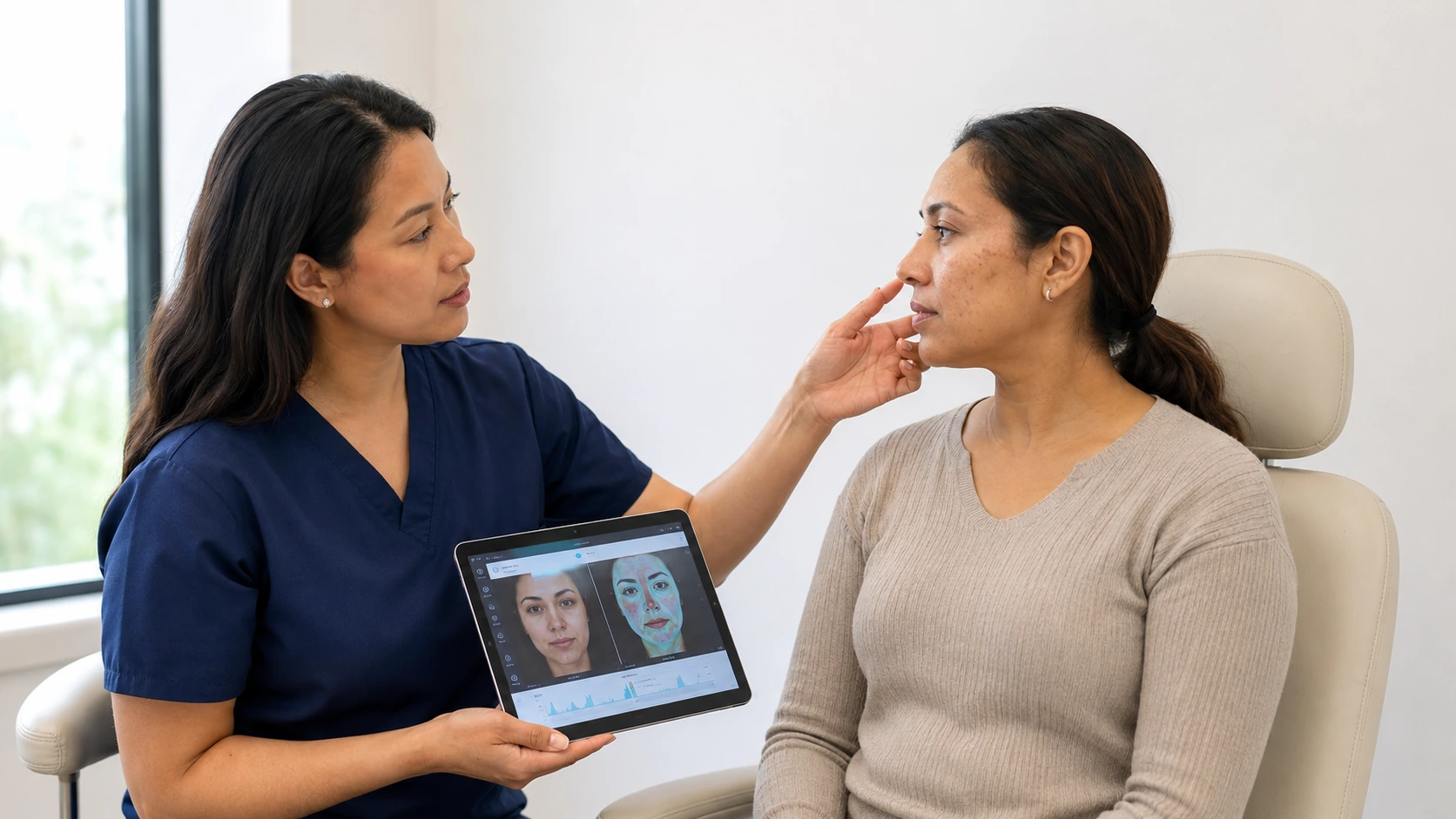 Provider assessing skin tone and pigmentation before a pico laser plan