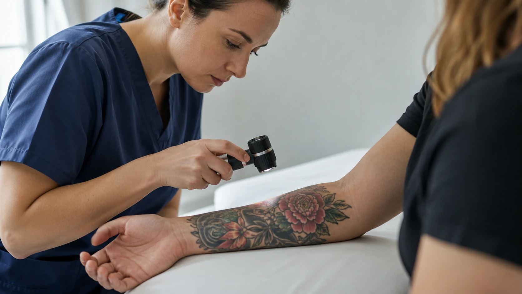 Provider assessing tattoo ink density and color before a PicoSure removal plan