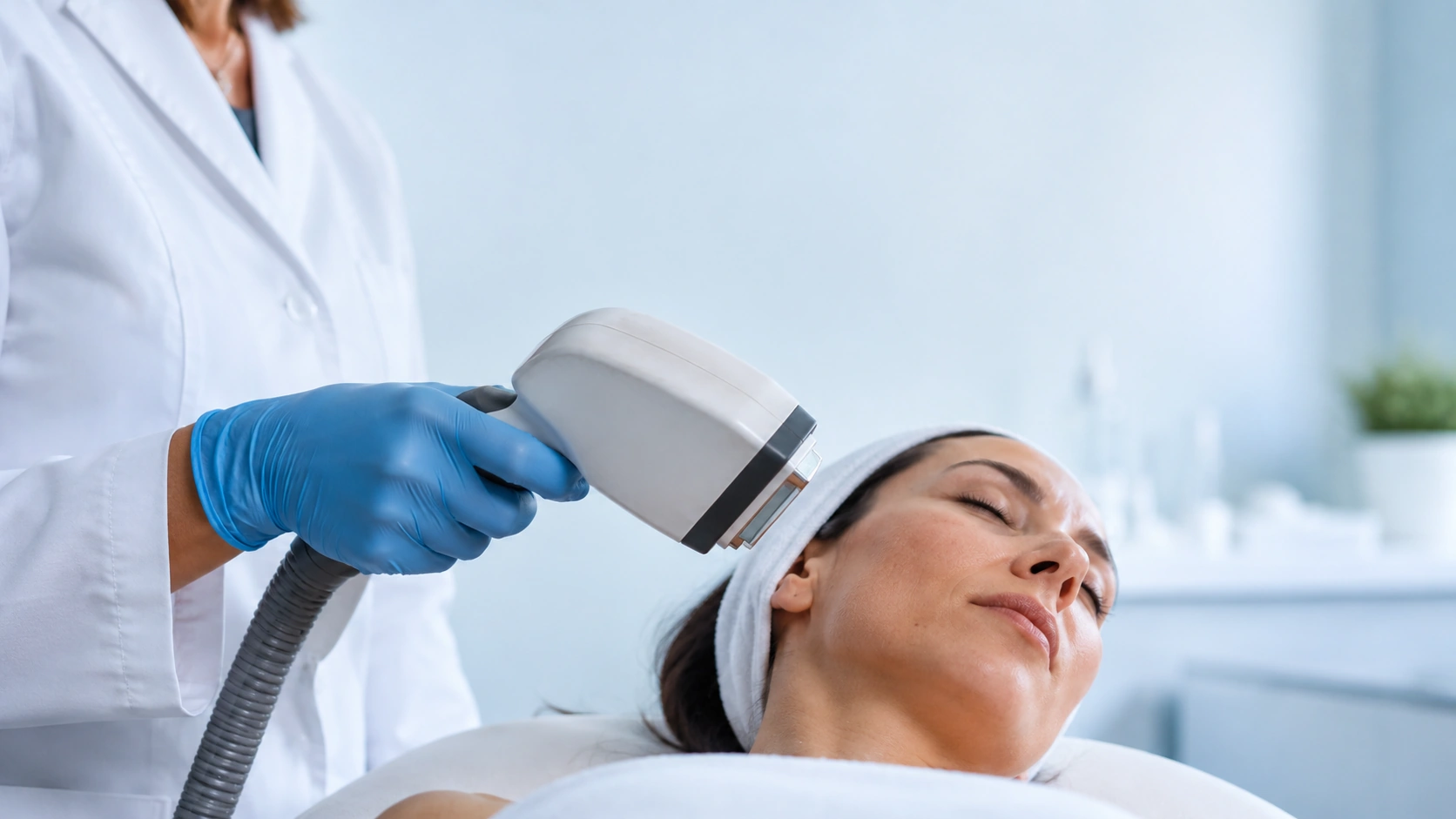 Clinician holding an IPL handpiece above a patient's cheek during a photofacial treatment