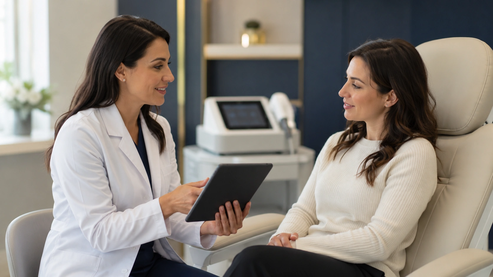 Provider consulting with a patient with an IPL device visible in the background of the treatment room