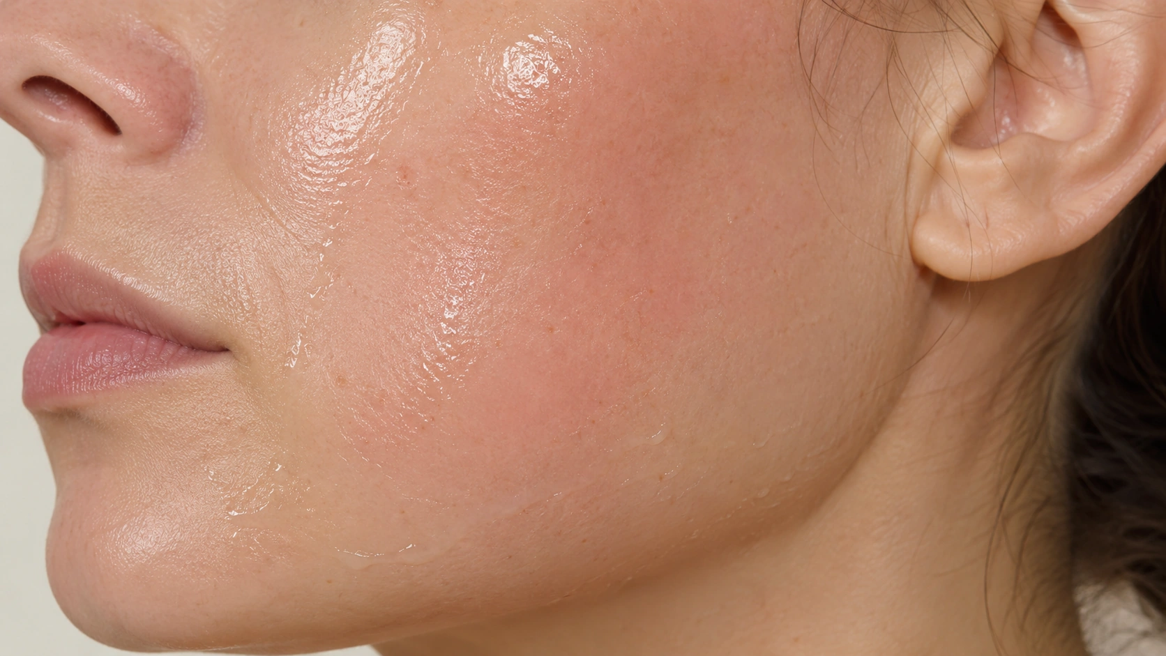 Close-up of a woman's cheek immediately after an IPL photofacial pass with mild natural pinkness