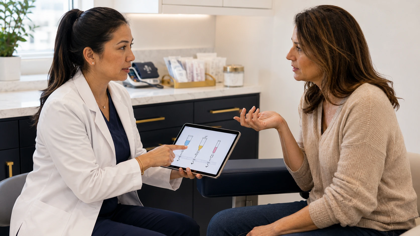 Provider reviewing vitamin IV therapy and wellness shot options with a patient