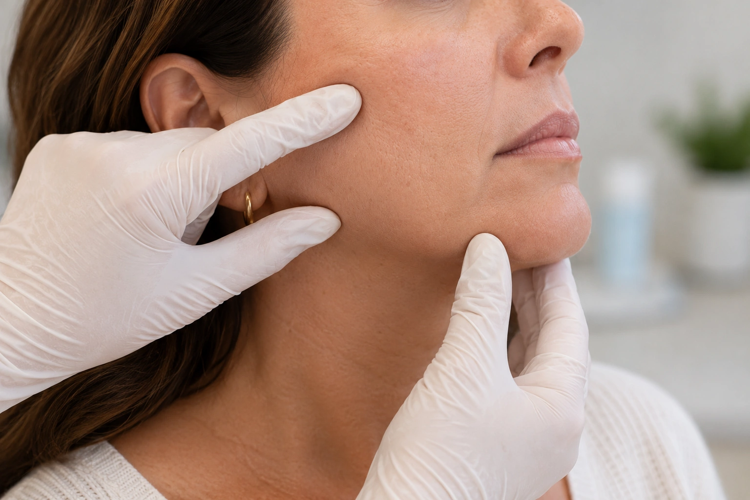 Close-up jawline skin assessment before an Erbium laser treatment plan is finalized