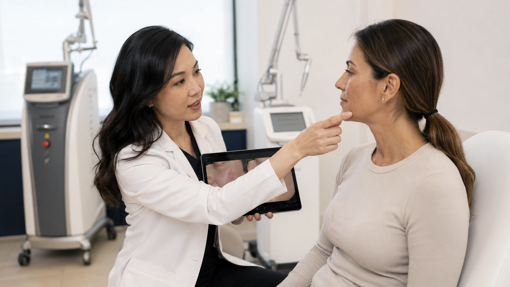 Laser facial consultation comparing the Lutronic Clarity and Rohrer PicoLazer treatment options