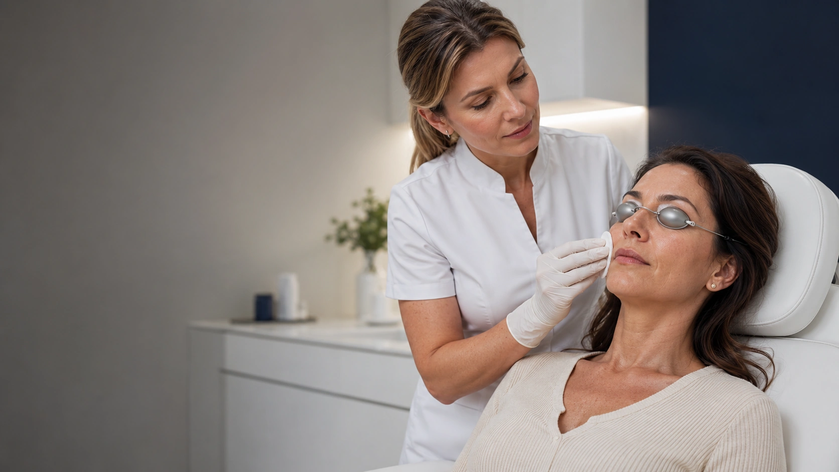 Provider preparing a patient for a low-downtime laser facial treatment in a medical spa