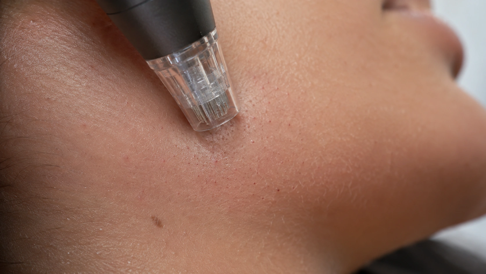 Macro close-up of microneedling treatment on the jawline