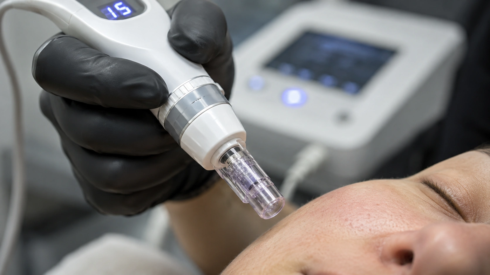 Classic microneedling pen device close-up during treatment at Skin Works Medical Spa