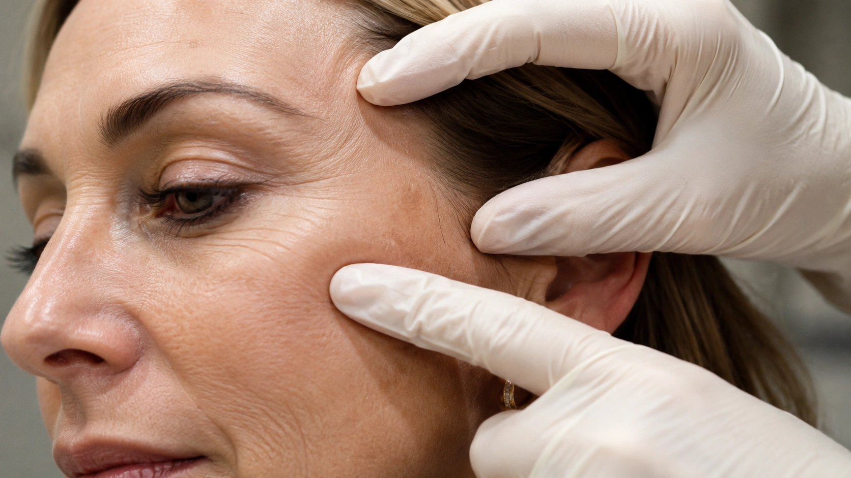 Provider assessing skin elasticity before recommending a microneedling platform