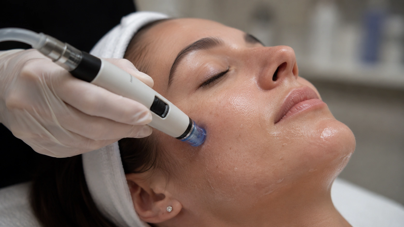 Close-up of a facial treatment handpiece moving across the cheek during a customized facial