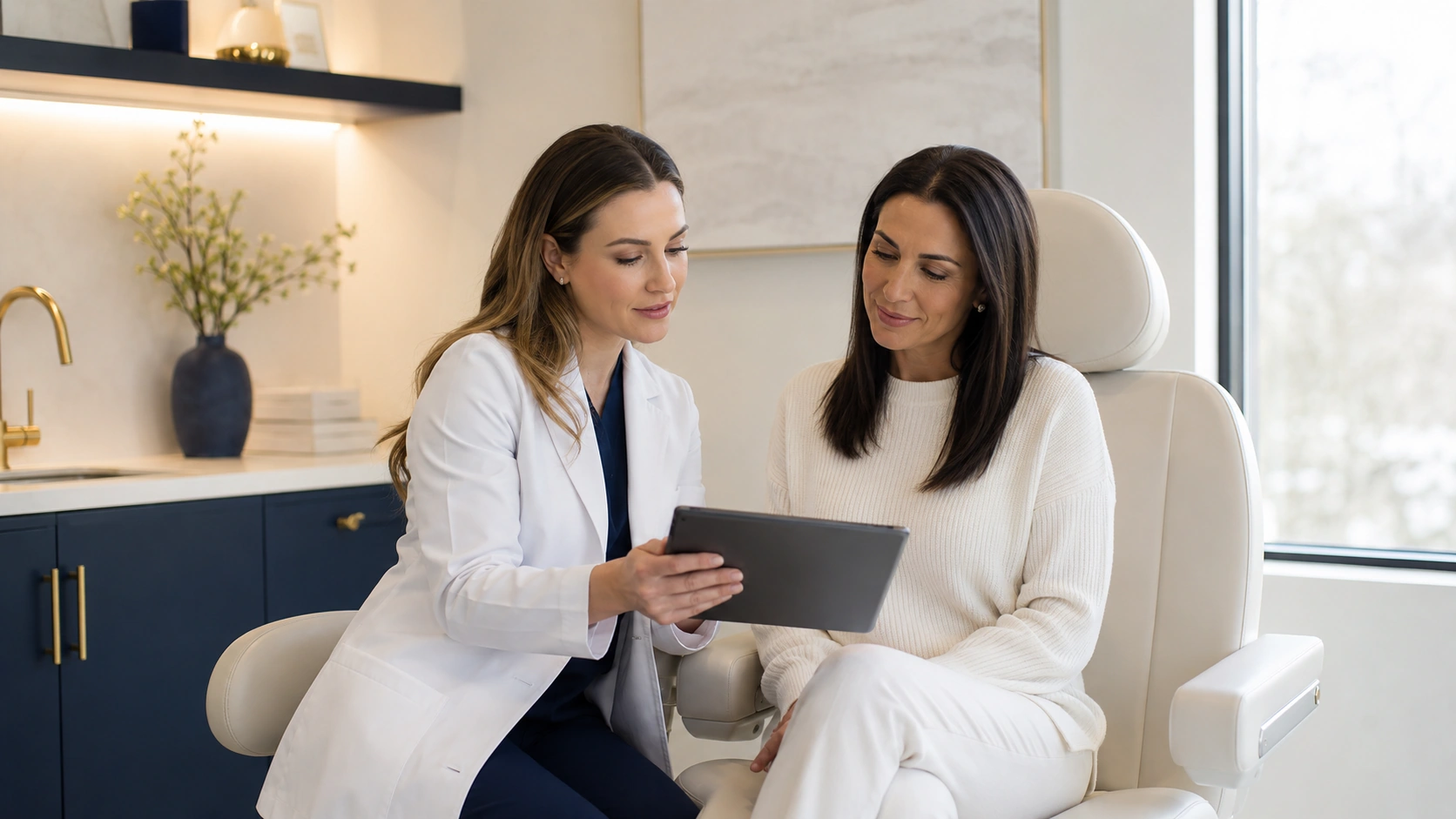 Provider consulting with a patient using a tablet to review double chin treatment options in Torrance