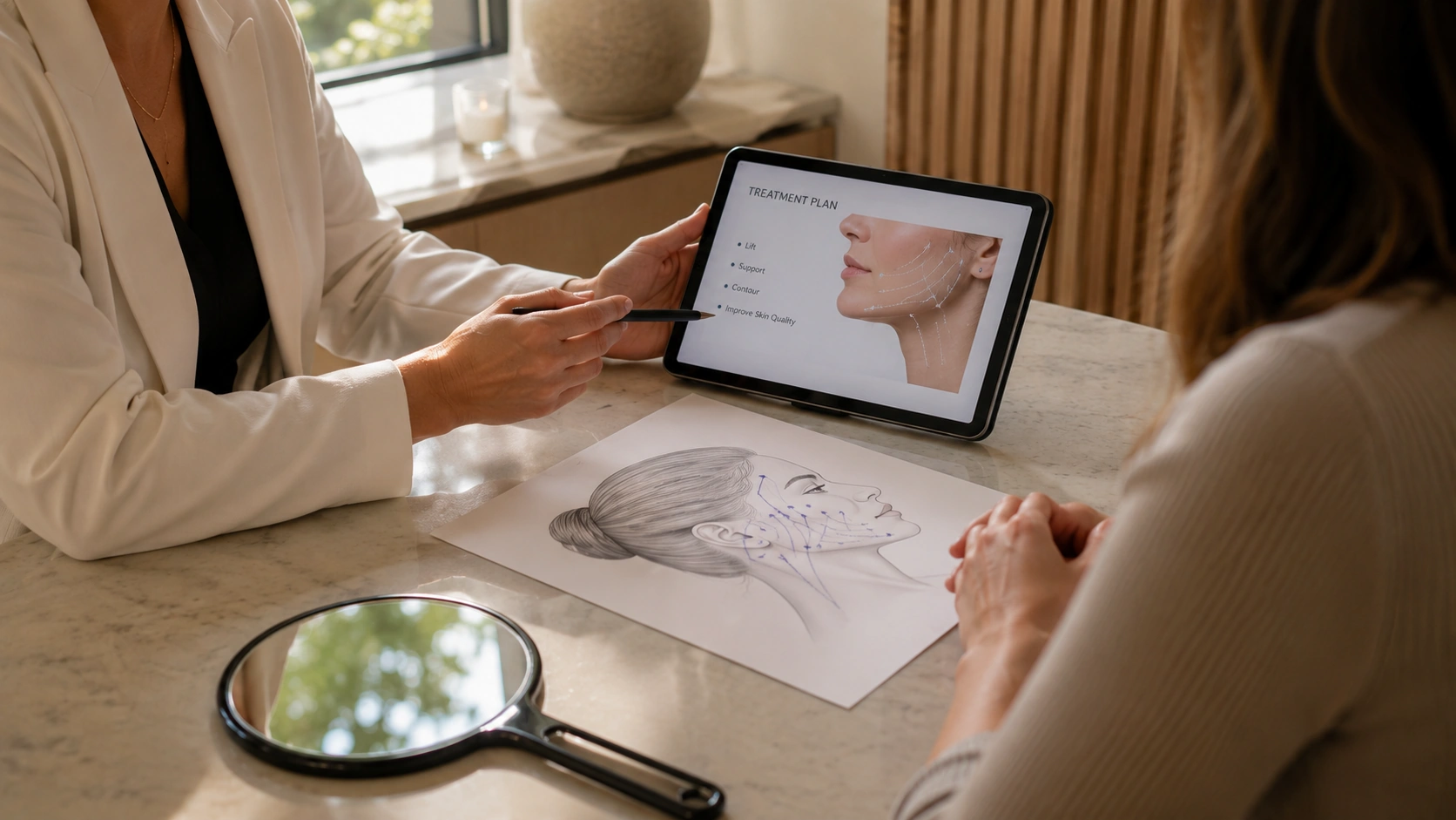 Provider and patient reviewing a PDO thread lift plan at a consultation table