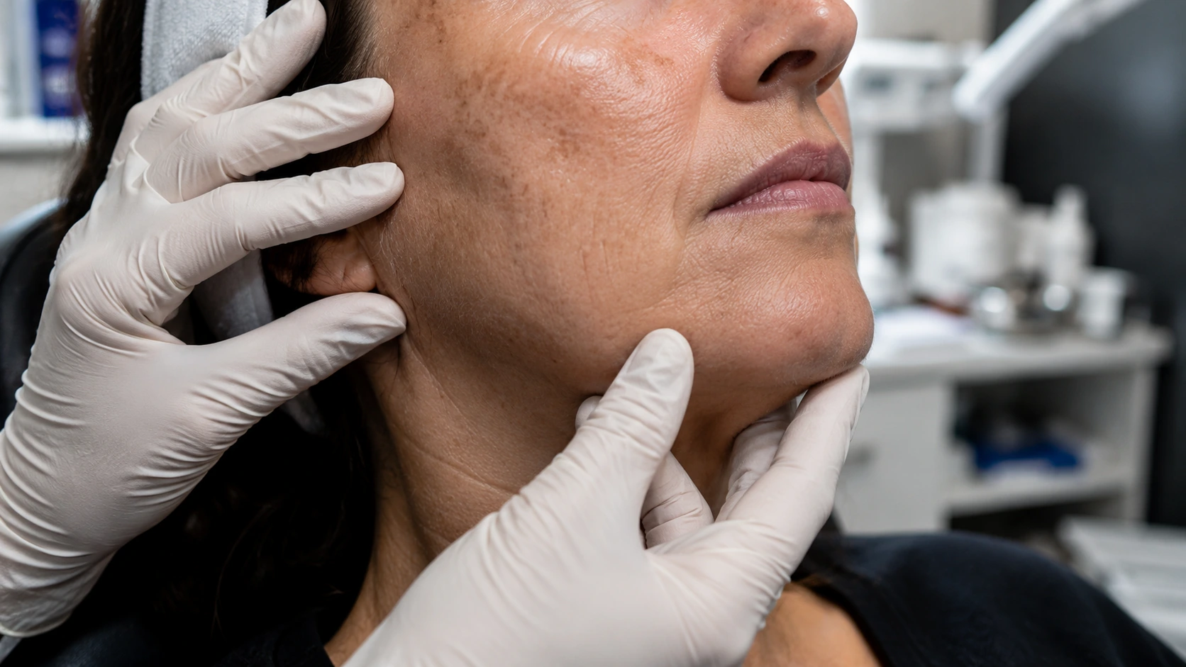 Provider assessing skin tone and sensitivity before recommending a VI Peel formula